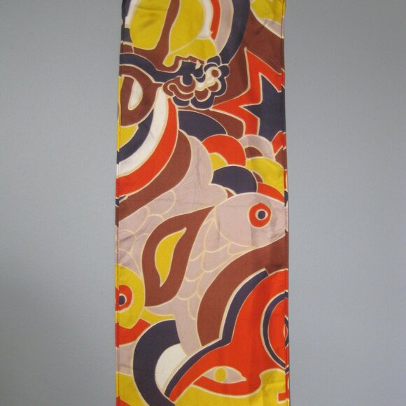 Vintage Scarf Psychedelic Oblong Abstract fish pring Scarf Yellow Browns - Picture 2 of 4